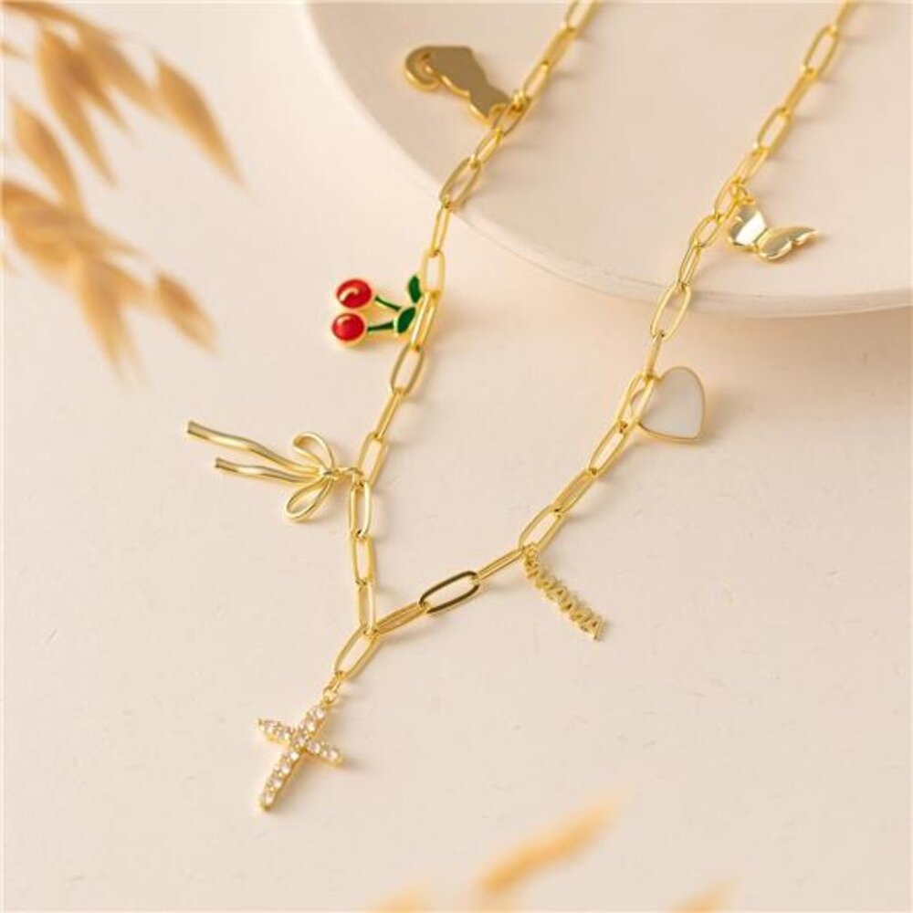 14k Gold- & Silver-Plated Charm Necklace |Heart, Butterfly, Cherry, Bow, Mama.